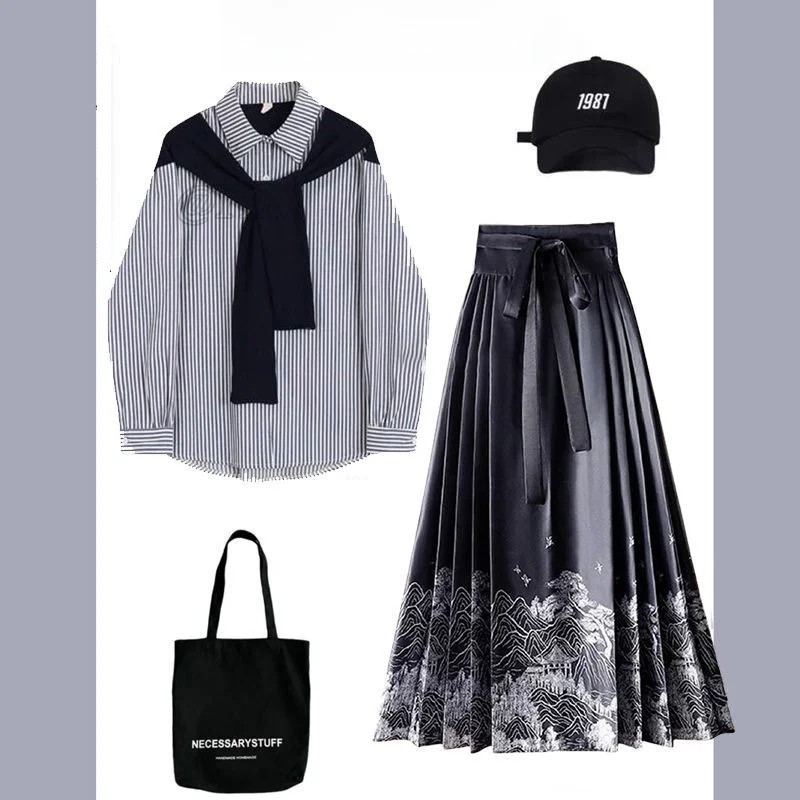 

Модный комплект из двух предметов: рубашка в полоску и юбка в стиле ханьфу, женский весенний дизайн, стройнящий силуэт, в студенческом стиле, 100% полиэстер