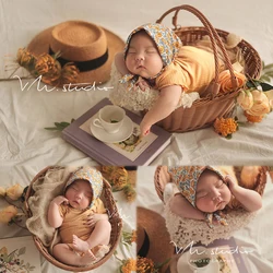 Infants Photography Props Outfit Jumpsuit Printed Turban Clothes 2pcs/Set Knit Stretch Wrap 0-3 Month Baby Shooting Photo Props