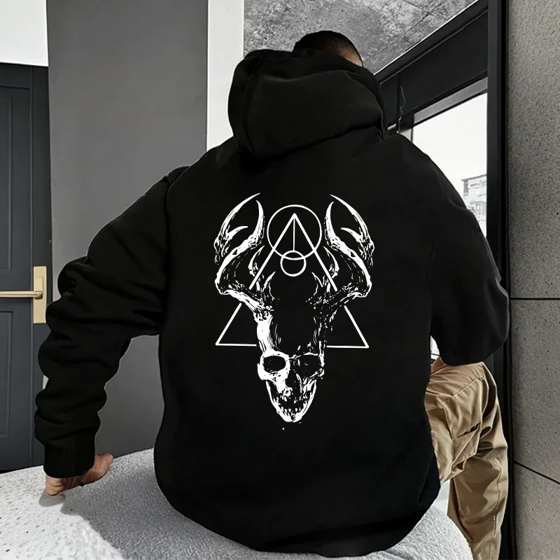 Mysterious Dark Street Men's Hoodie with Buckle Closure, Featuring Antlers and Abstract Graphic Print, ArtisticDesignated Hoodie