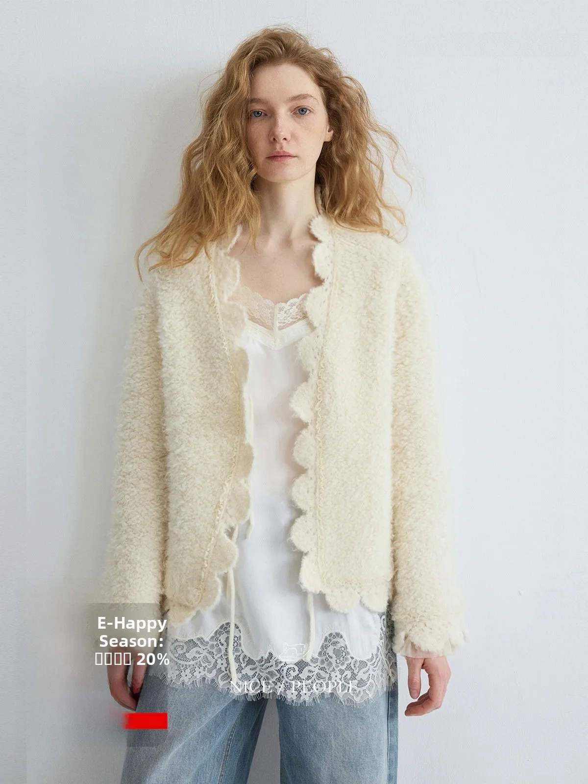 

Nice People 2025AW Woolen Lace Trim Hand Knitted Cardigan Sweater with Belt Simple Sle Women's Online Exclusive Polyester B...