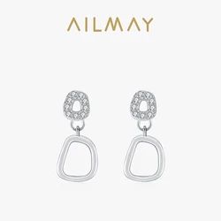 Ailmay Fashion 925 Sterling Silver Hollowed Geometric Annular Pendant Earrings For Women Shiny Zircon Fine Jewelry Gift
