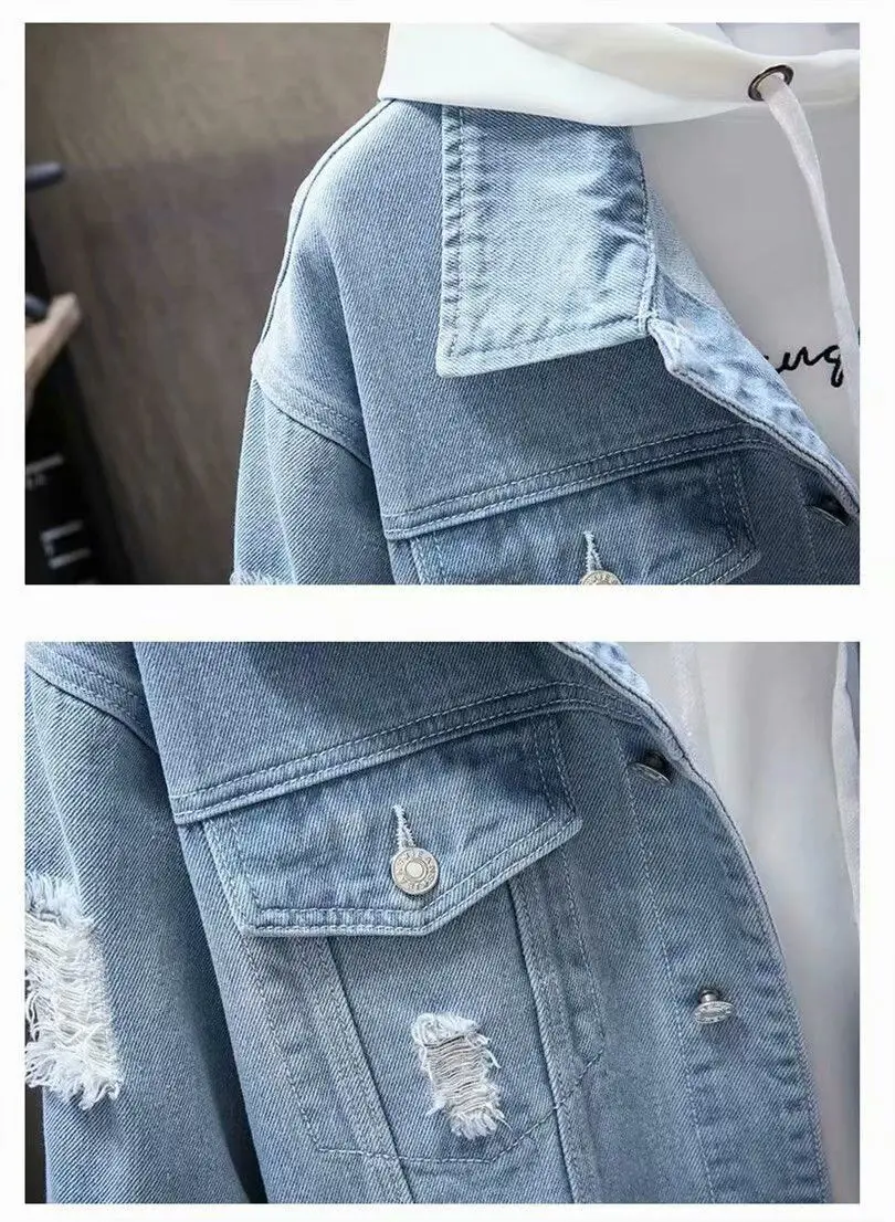 Men Denim Jacket Hooded Ripped Hole Single Breasted Coats Spliced Outerwear Jackets Pockets Casual Loose Washed Distressed