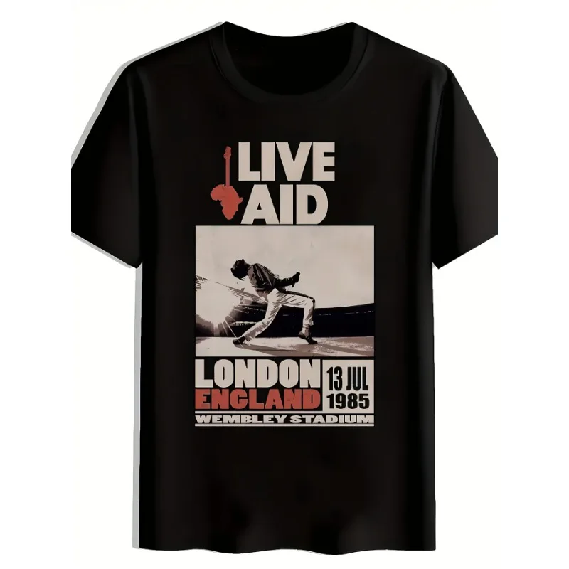 Men's Vintage Live Aid Concert T-Shirt - '85 Wembley Stadium Pattern Bold Print Classic Rock Fans & 80s British Band Memorabilia