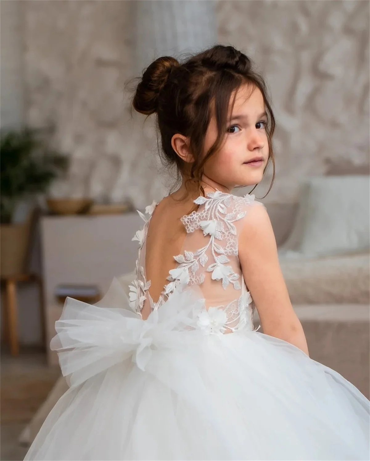 Elegant Flower Girl Dress Detachable Lace White Tail Fluffy Tulle Wedding Elegant  First Communion Birthday Dress Ball Gowns