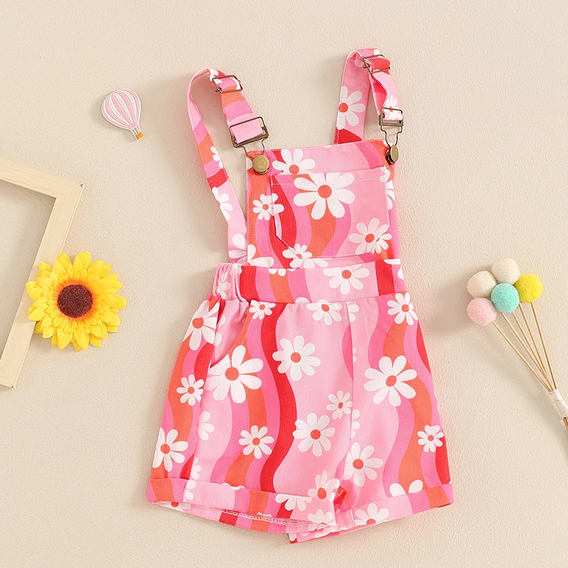 Toddler Kids Clothes Baby Girls Overalls Daisy Print Sleeveless Straps Buttons Pockets Summer Romper Jumpsuits Newborn Clothing