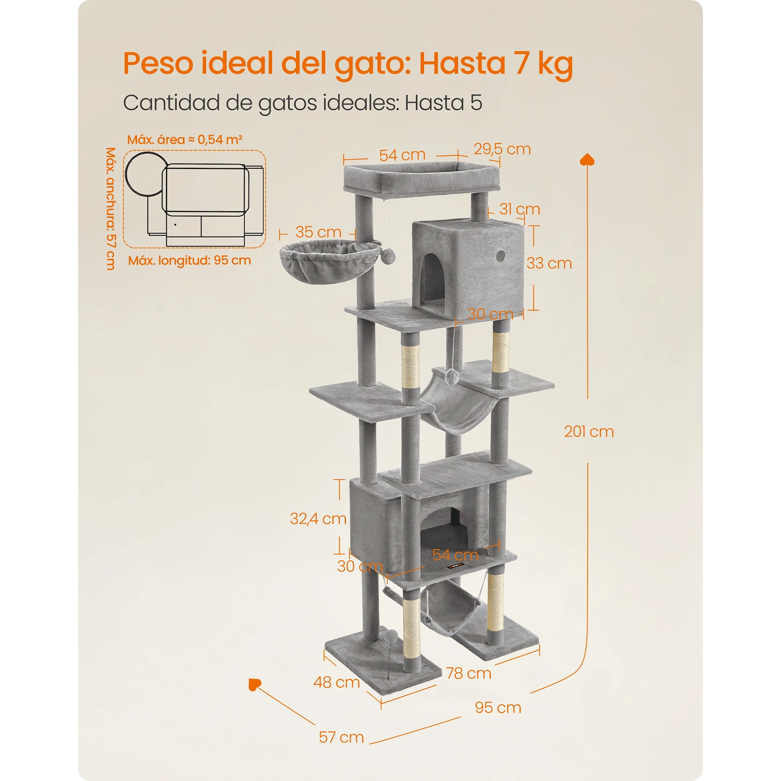 Feandrea 201cm Tall Cat Tree: XXL tower for indoor cats, 4 posts, 2 hammocks, perch, 2 caves, Anti-Tip Kit