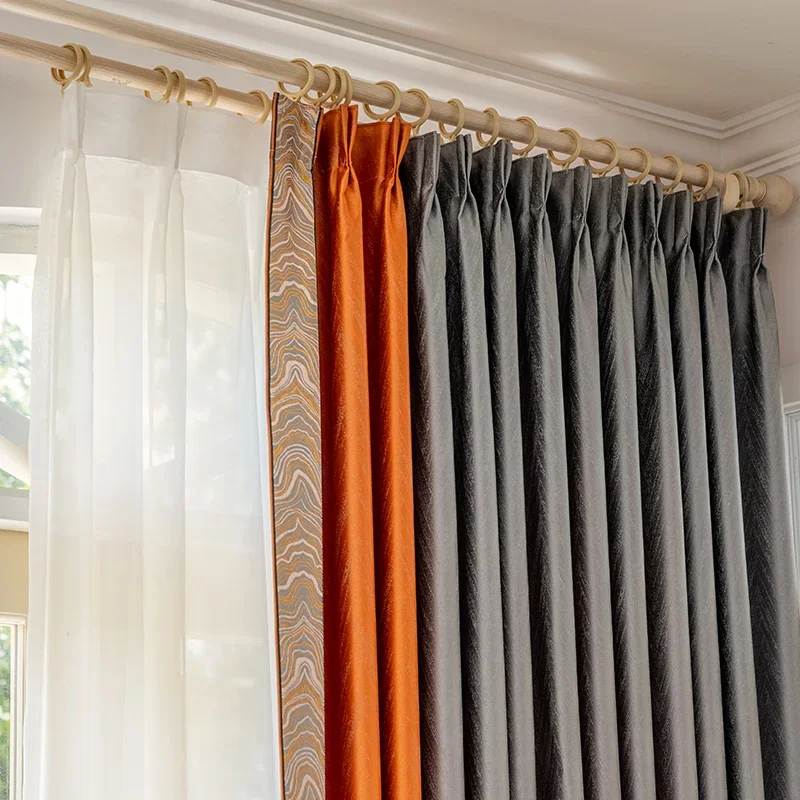 Blackout Light Luxury Curtains For Living Room Splicing High Precision Bedroom Gray Blue Orange Custom Fashion Modern Simple