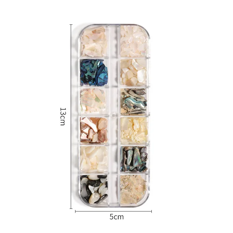 Piezas de concha para decoración de uñas, mezcla de 12 colores, fragmentos de abulón ultrafinos en caja, calcomanías de piedra de concha, herramientas profesionales para decoración de uñas