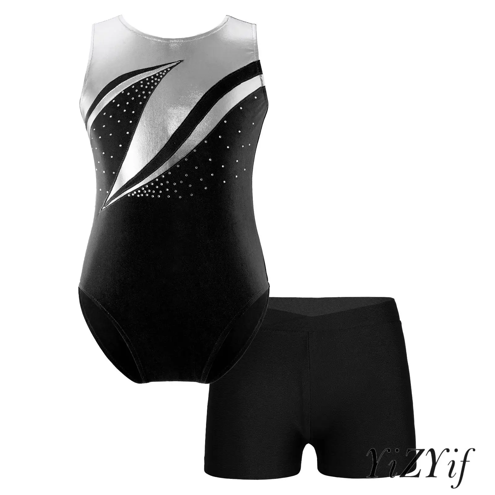 

Skating Gymnastics Dance Outfit for Kids Girls Round Neck Leotard + Elastic Waistband Shorts for Skating Cheerleading Shows