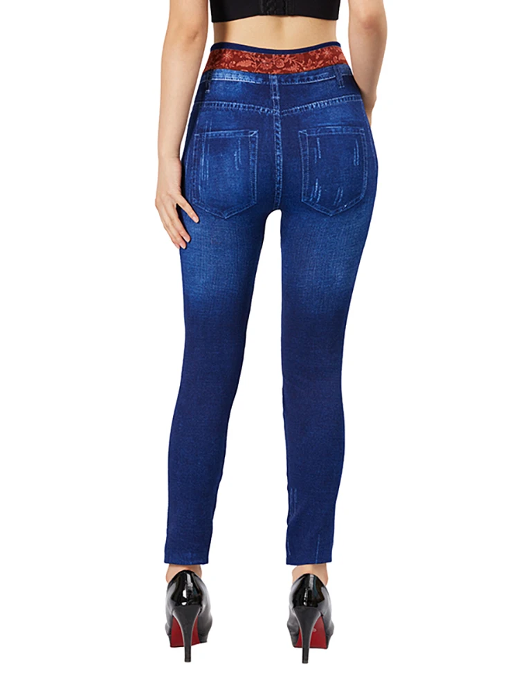 CUHAKCI tasche per cintura rosse stampate Leggings in Denim da donna finti Slim Fit Elastic Faux Jeggings pantaloni a matita in Denim finto blu scuro