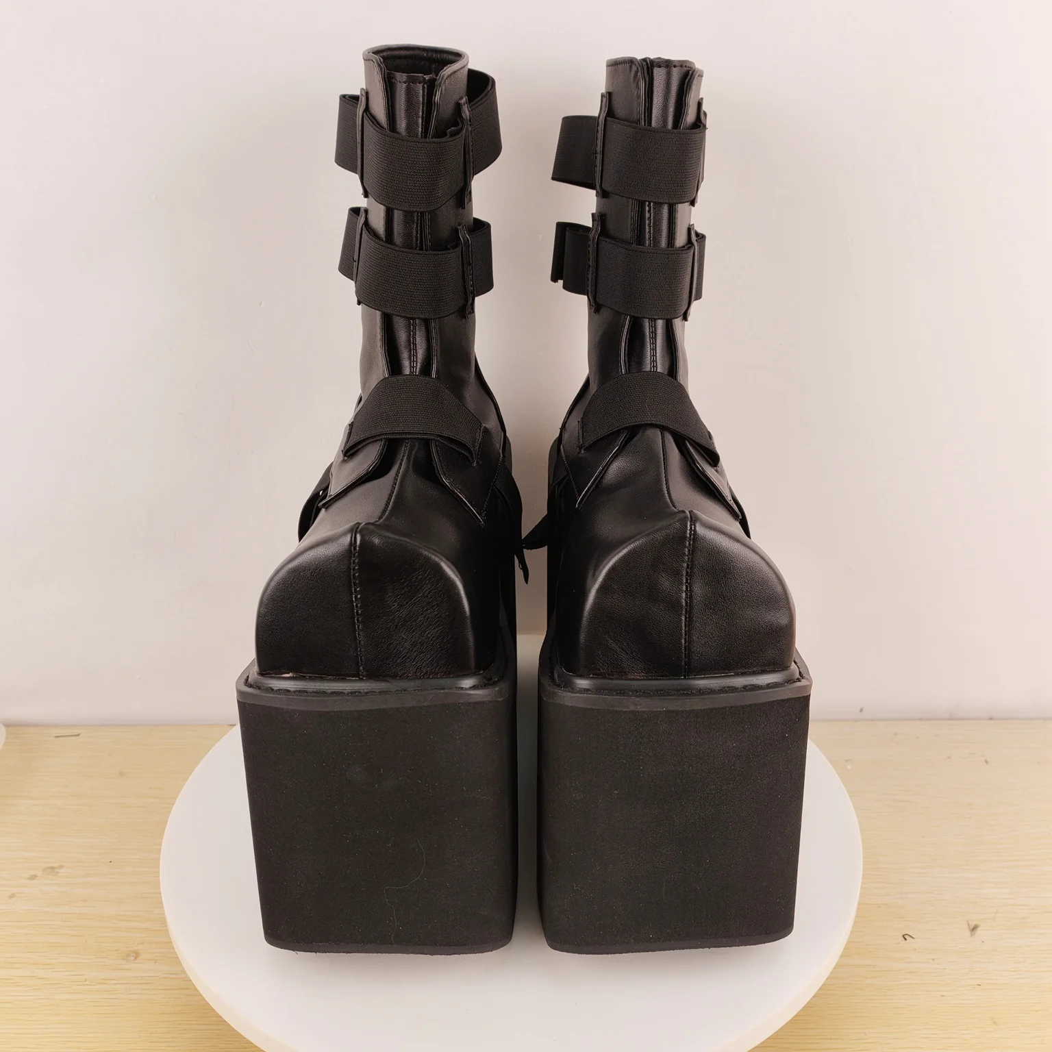 Black Matte Leather Multi Elastic Strap Super Platform Ankle Boots Gothic Women Street Minimal Dark Avant Daily Fashion Footwear