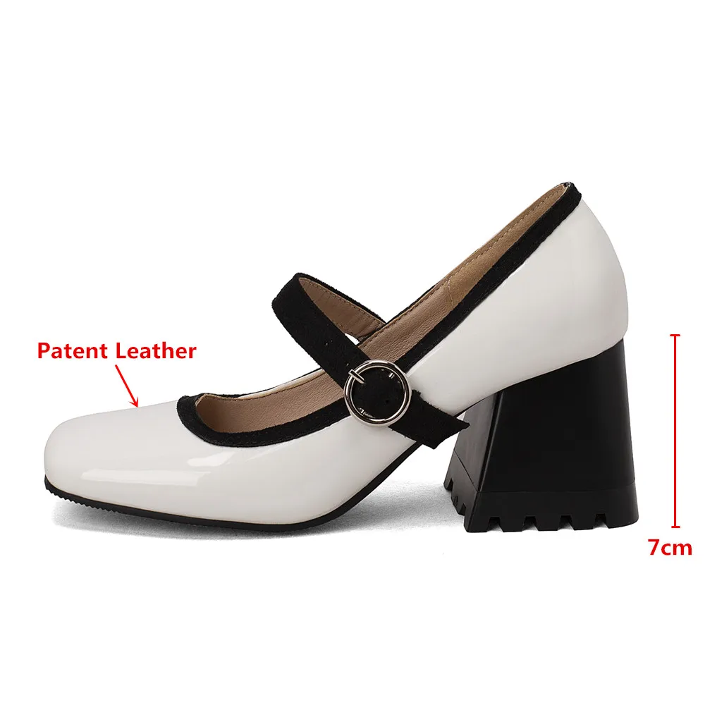 MILI-MIYA New Arrival Women Patent Leather Pumps Buckle Strap Square Toe Thick Heels Solid Color Plus Size 34-44 Dress Party