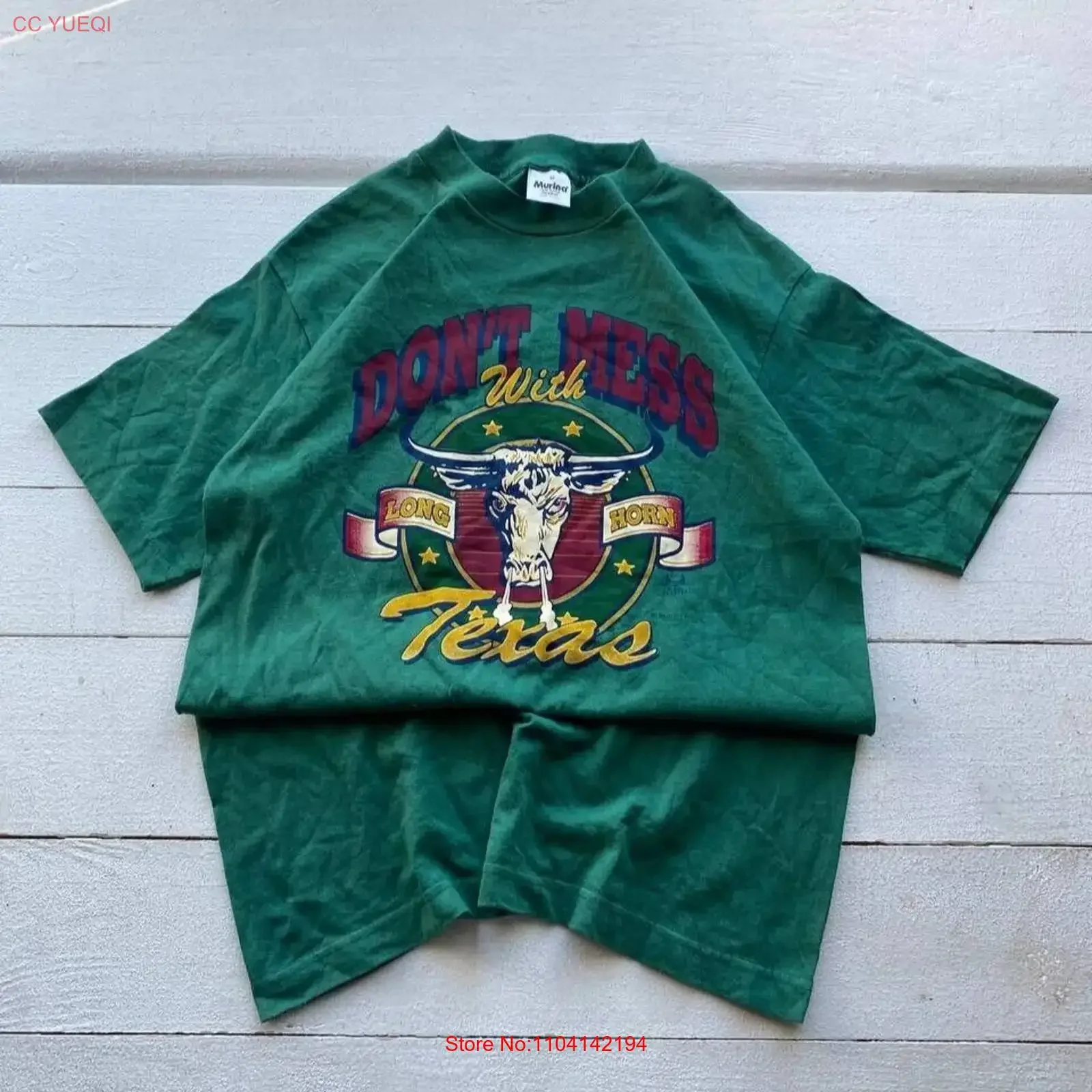 Camiseta verde de los años 90 de Robert Allan Western Texas Dont Mess Long Horn, talla M para hombre, estilo vintage lavado, unisex, ropa de diseñador con estilo.