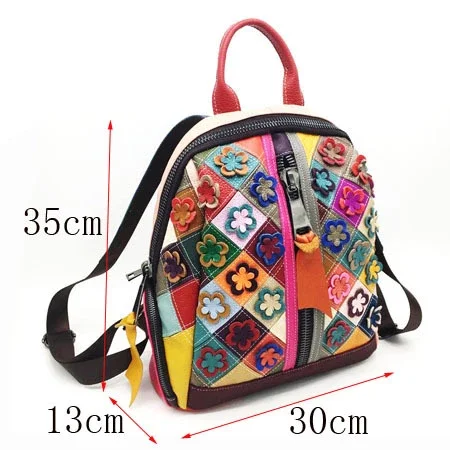 Female Genuine Leather Floral Patchwork Multi Color Backpack Travel Holiday Hippie Gypsy Ibiza College Laptop Daily Work Bagpack