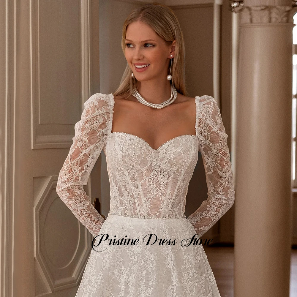 فستان الزفاف البوهيمي مخصص الدانتيل ساحة طوق قابل للتعديل طويلة الأكمام زي العرائس ألف خط تول فساتين الزفاف للعرائس