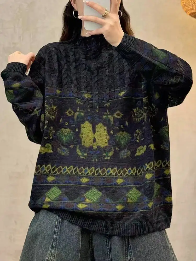 Amax LuluE 2024 Fashion Pullover Woman Winter Printed Loose Knitted Sweaters Vintage Turtleneck Oversized Classic Cotton Jumpers