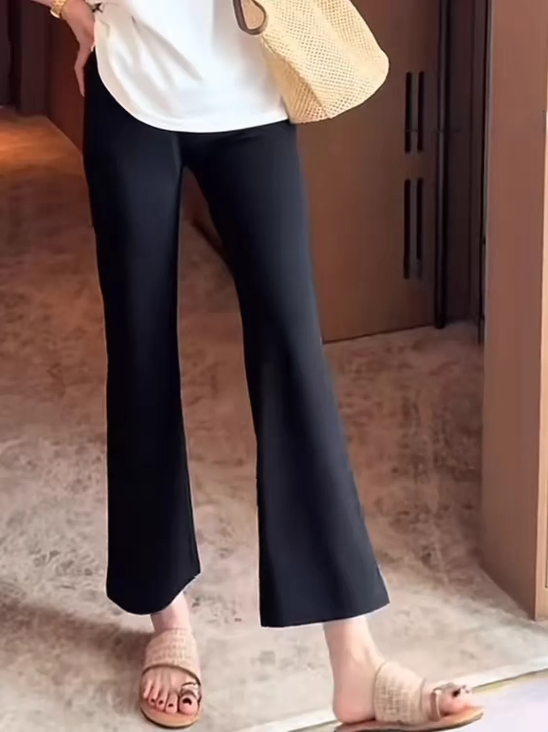 Slim Fit High Waist Micro Flare Pants Women's Business Casual Trousers Elastic Thin Black Cotton Nine Point Long 94 Code