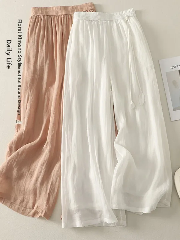 Pantalones de pierna ancha de doble capa falda mujer verano 2025 artístico Retro suelto drapeado ligero corte recto pantalones casuales de lino