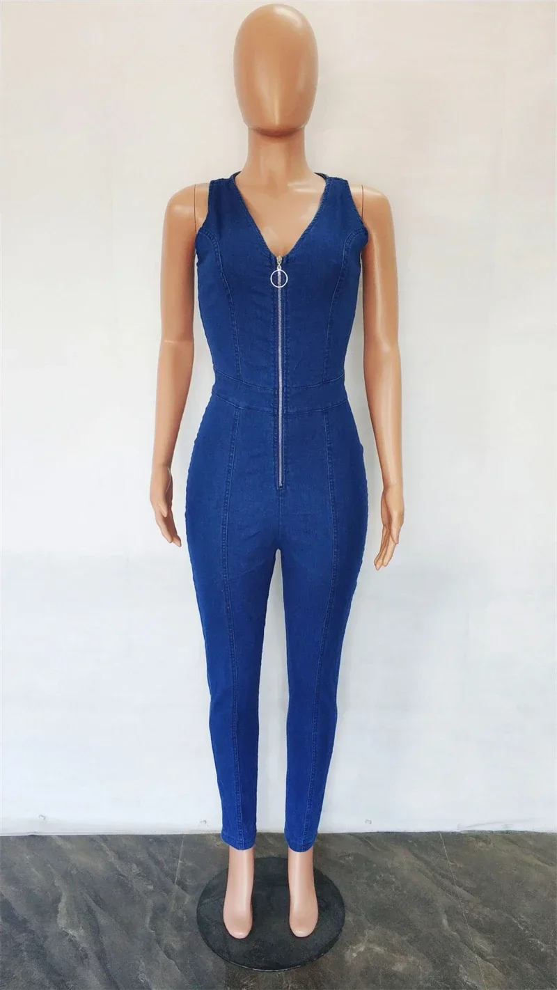 Streetwear Jeans Jumpsuit Summer Clothes Women 2024 Sleeveless Zip Up Catsuits Denim Romper Playsuits One Pieces Overalls Outfit