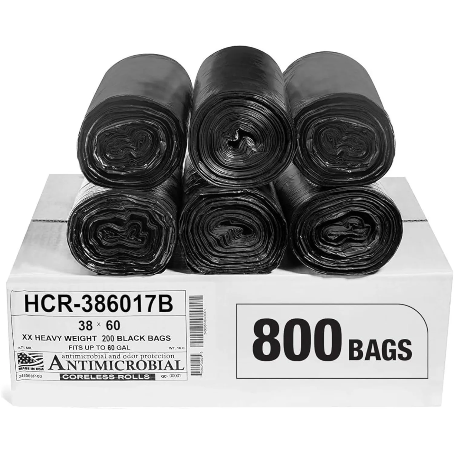 

High Density Trash Bags 60 Gallon 800 Count 17 Micron (eq) 38" x 60" Black for Bathroom Office Industrial Commercial Janitorial