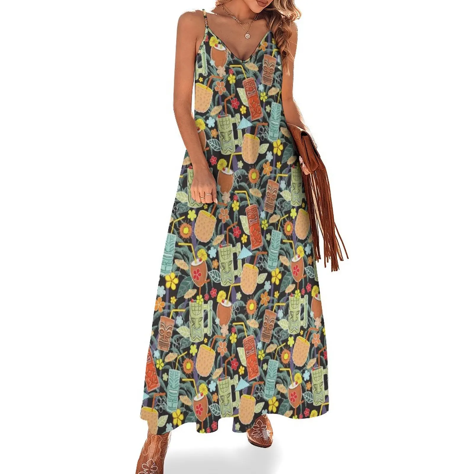 

Hawaiian Tiki Mugs and Cocktails Sleeveless Long Dress birthday dress dress party night party dresses woman