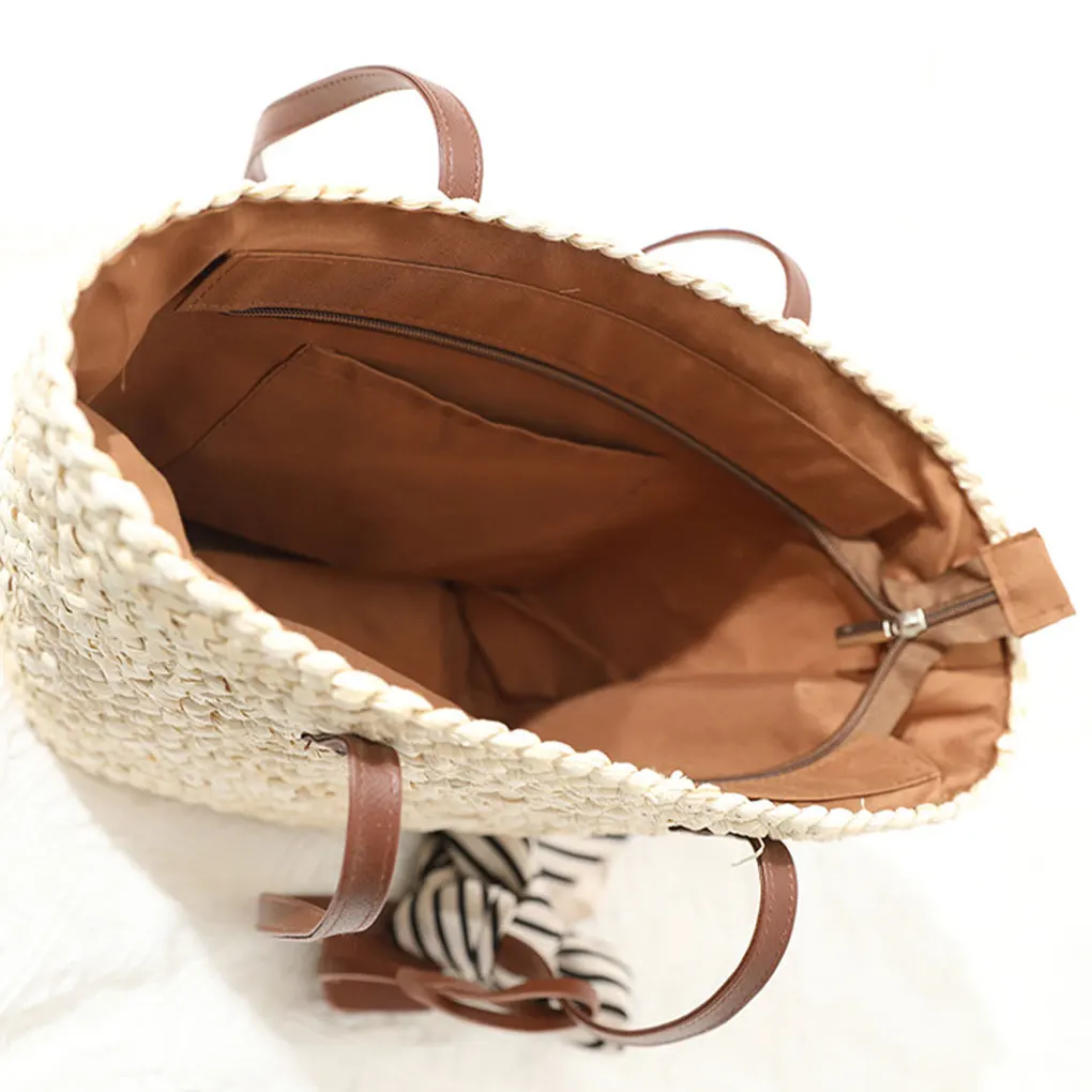 Soft Leather Straw Handbag Comfortable To For Travelling Practical Large Capacity Shoulder Bags As Shown
