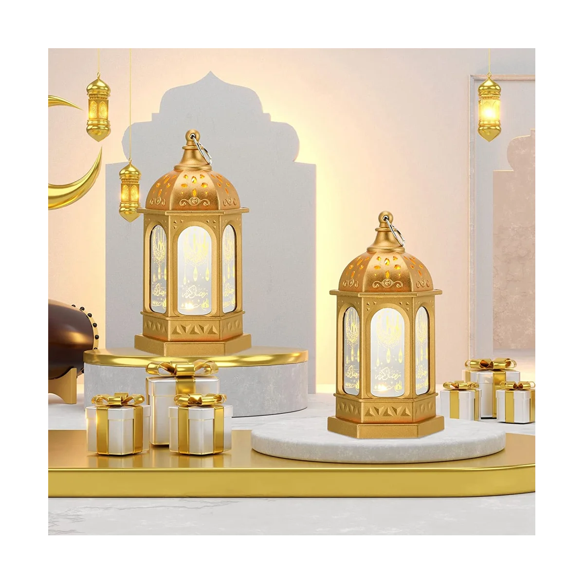 12Pcs Mini Ramadan Candle Mubarak Lantern LED Eid Mubarak Lantern Moon Star Lights Moroccan Style Hanging Lantern A