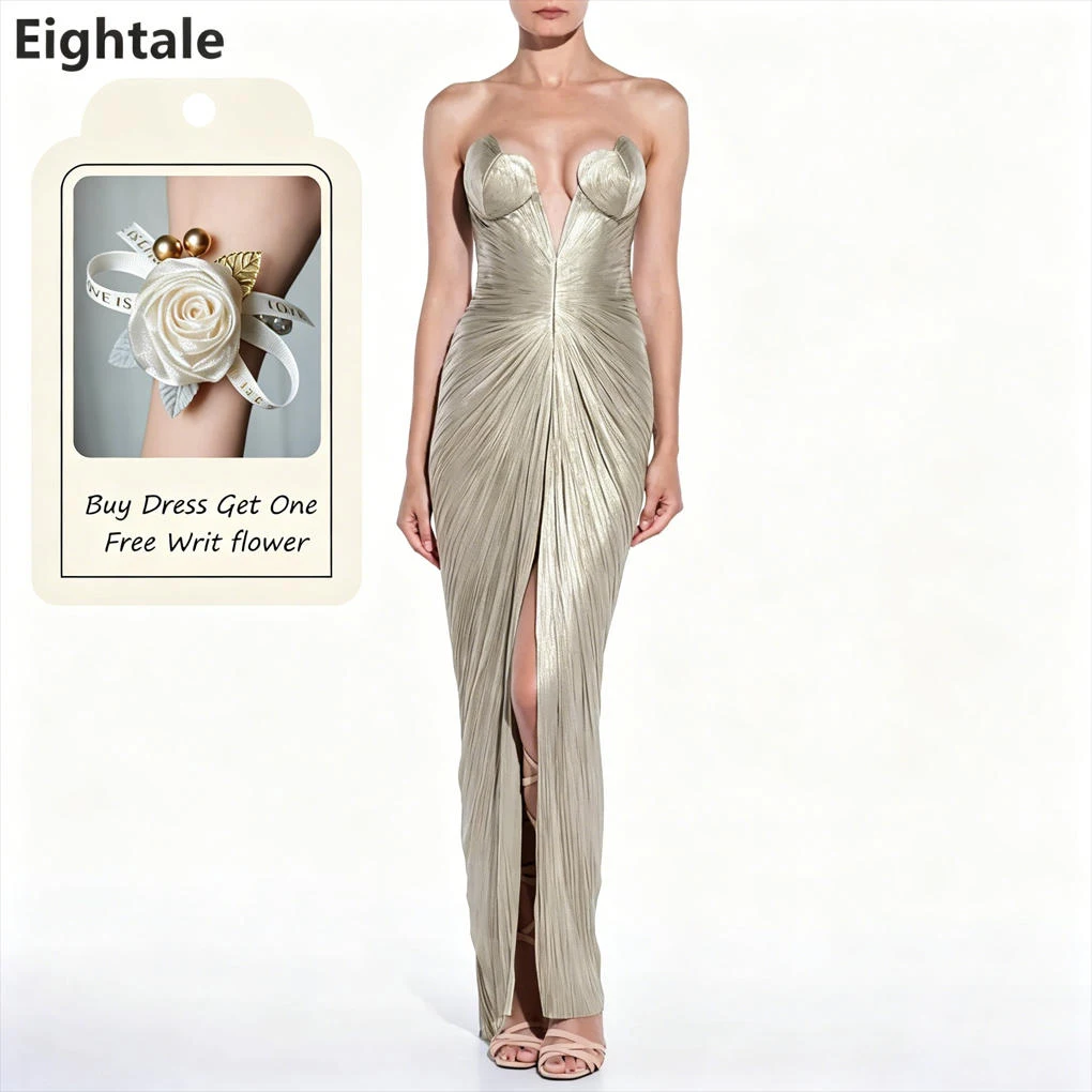 

Eightale 2025 Silver Silk Chiffon Pleated Mermaid Evening Dress Wedding Party Maxi Formal Prom Dress Dubai Party Gown Customized