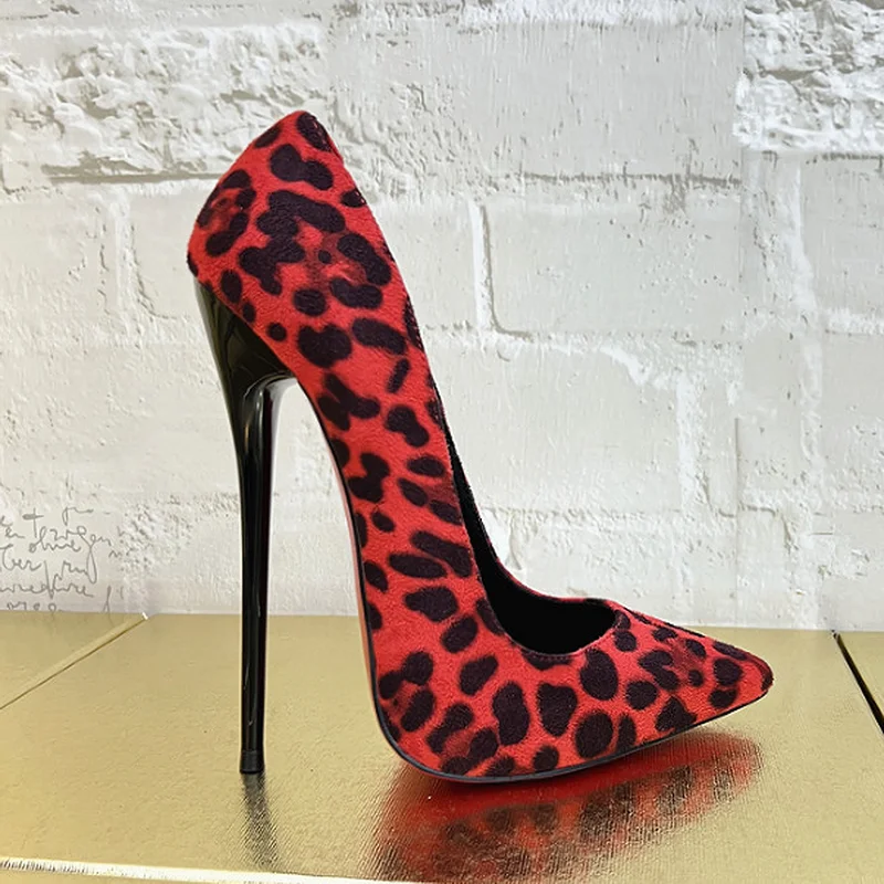 FHC 2024 New Women Pumps,Flock Leopard High Heels Pole Dance Shoes,Fetish Shallow Out,Ankle Buckle,Pointed Toe,Big Size,Dropship