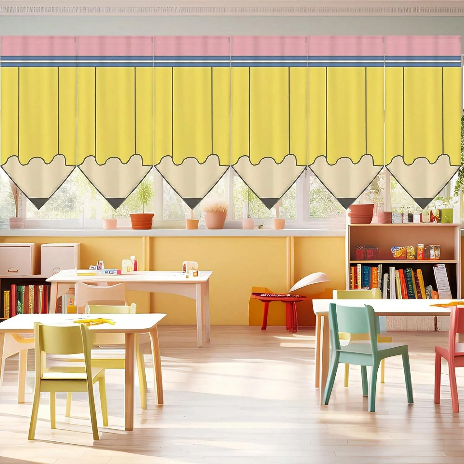 Schwarzer Verdunkelungsvorhang für Klassenzimmer, bunter Bleistift-Apfel-Motiv, kurzer Polyester-Vorhang zur Fensterdekoration, Schulanfangsdekorationen