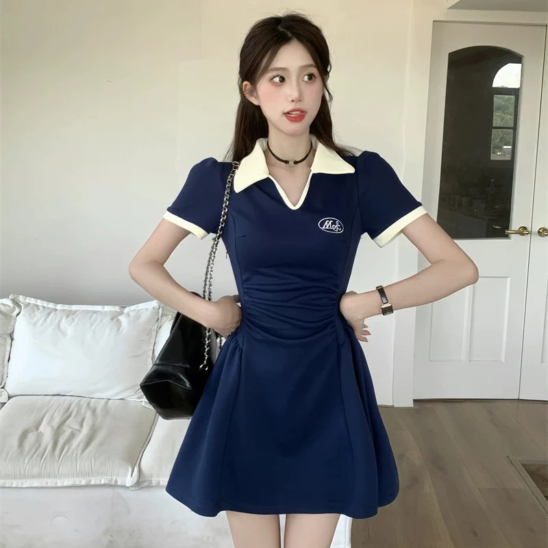 Summer Women Sweet Comfortable Ruched Dress Lady Korean Vintage A-line Dress Female Cutecore Korean Collared Designer Dress