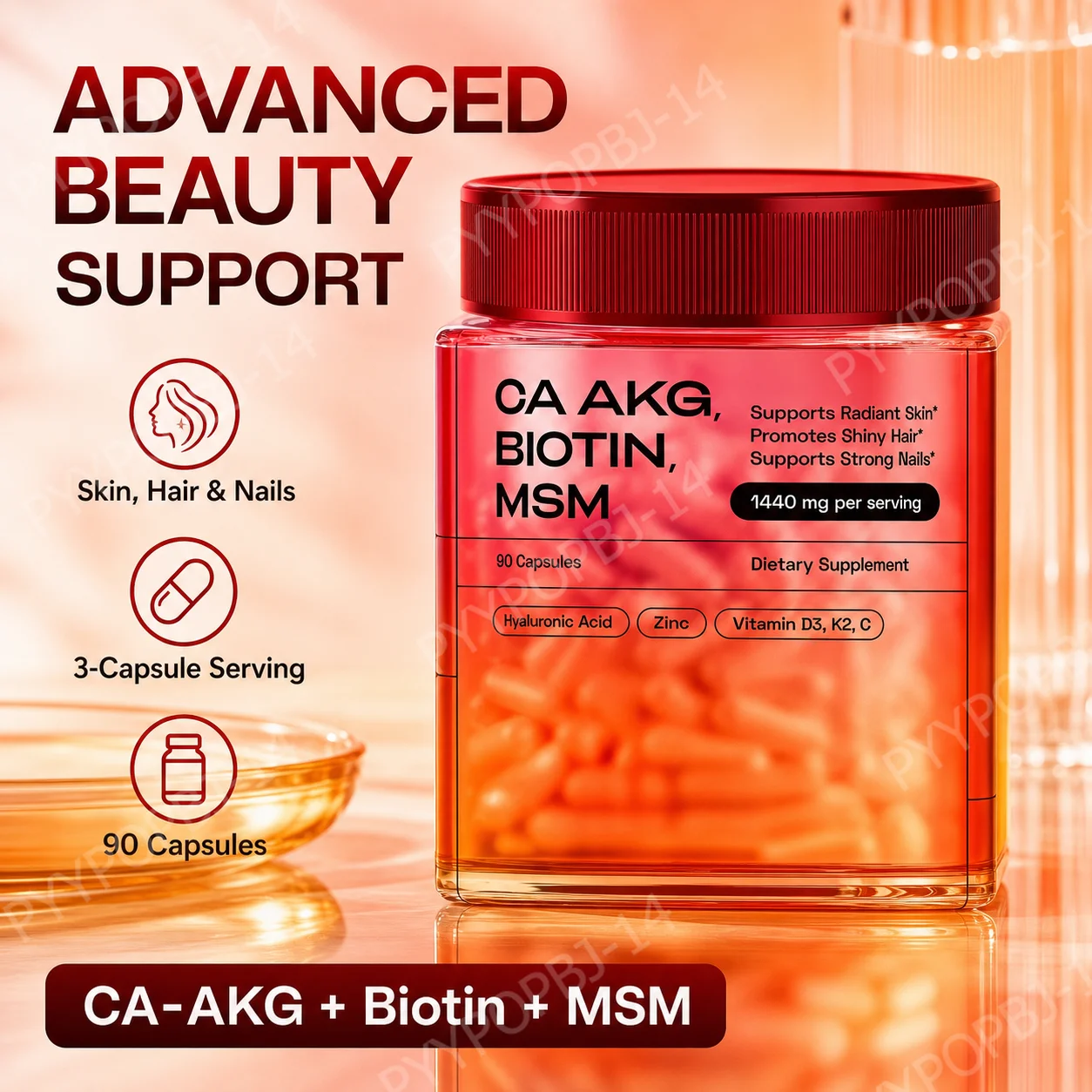 Calcium AKG Biotin MSM Beauty Supplement with Hyaluronic Acid, Zinc, Vitamins C D3 K2, Hair Skin Nails Support, 90 Capsules