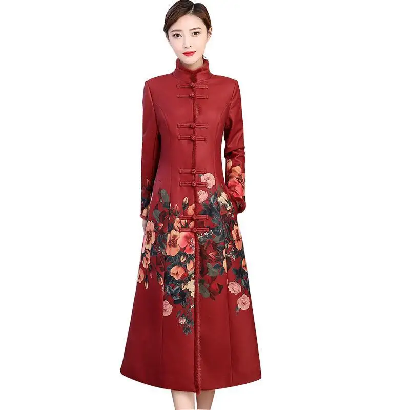 2024 chinese national style cotton qipao improved cheongsam skirt cotton jacket women elegant printing dress warm cheongsam