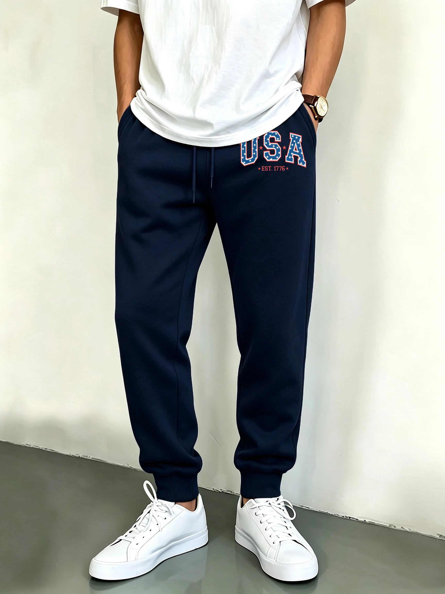 Creative Usa Est 1776 Letter Print Men Casual Sweatpants Autumn Street Bottoms Versatile Pocket Sportpant Trendy Fleece Clothes