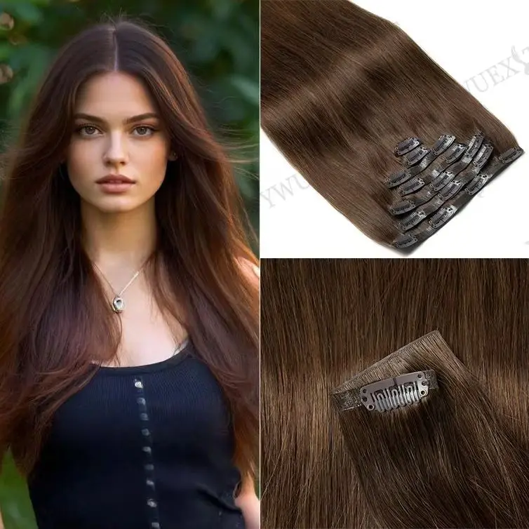 Onzichtbare Clip in Hair Extensions 100% Menselijk Haar 7 stks Set Naadloze PU Tape Inslag Donkerbruin Clip in Hair Extensions voor Vrouwen