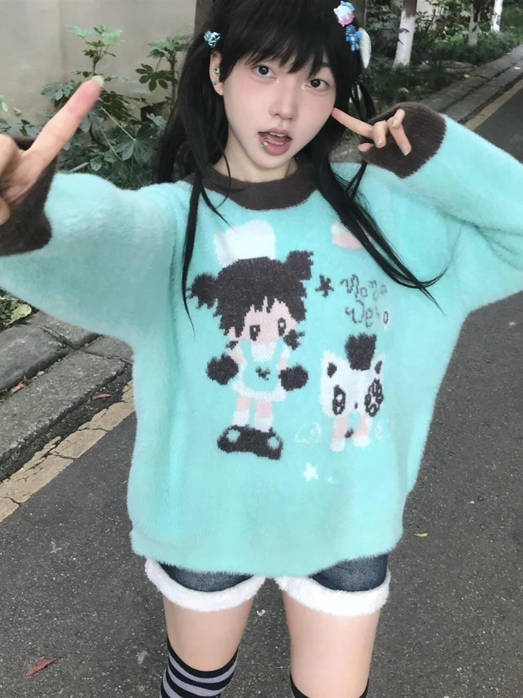 ADAgirl Kawaii Anime Print Sweater for Women Cutecore Green Knitted Pullover Japan Style Long Sleeve Oversized Winter Clothes