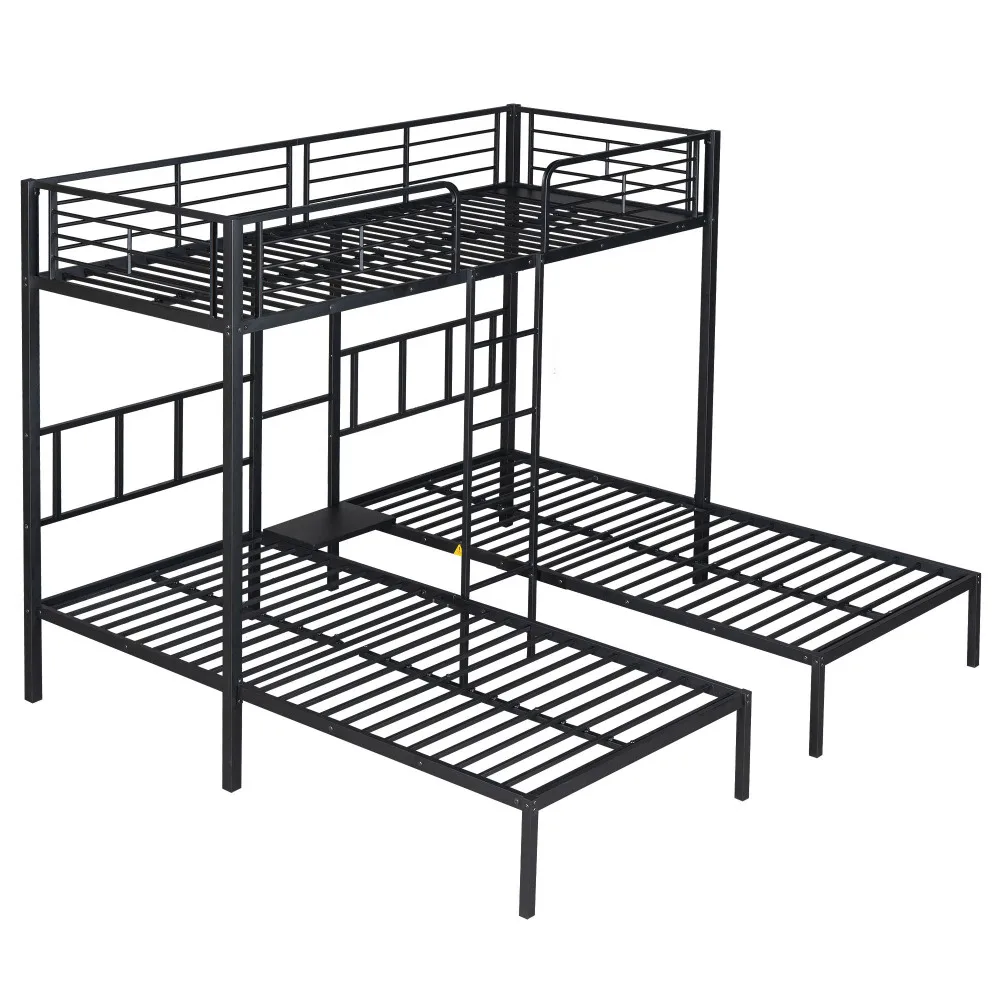 PINGGO Blac Driepersoons stapelbed 90x200cm Metalen kinderbed met ladder, veiligheidsleuning en tafel, zonder matras