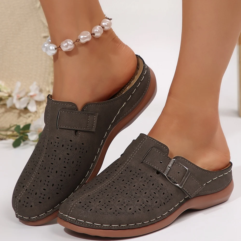 Womens Buckle Decor Closed Toe Wedge Mule Slides，Hollow Perforated，Pu Leather，Summer Casual Ladies Shoes