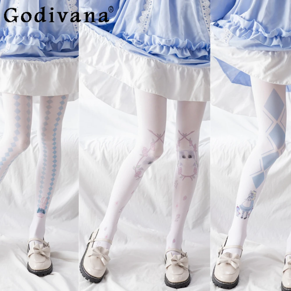 พิมพ์ Pantyhose Lolita ญี่ปุ่นหวานกํามะหยี่ Jk ถุงน่องสีดํา Tattoo ถุงน่องต้นขา Tights