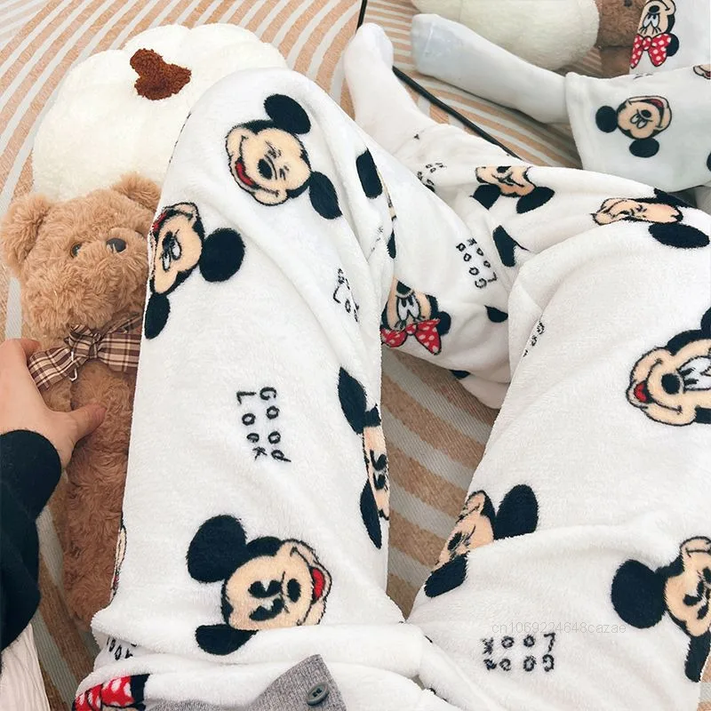 Disney Mickey Mouse Cute Cartoon Design Plush Sleeping Pants Trend Simple Fleece Home Pants Autumn Winter New Warm Casual Pants