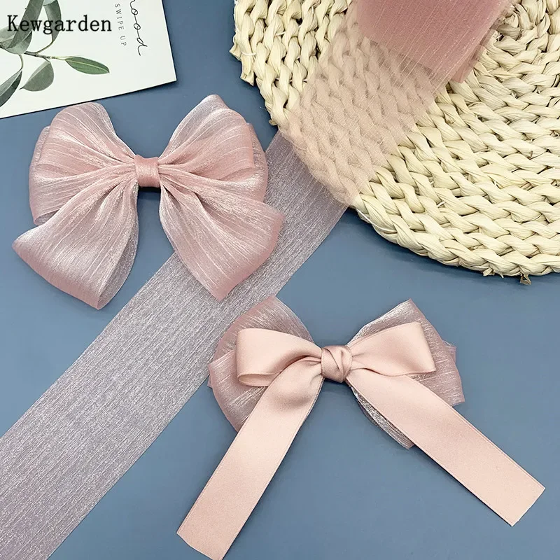 Kewgarden Wholesale 6CM Stripe Wrinkle Tulle Ribbon Handmade Tape Voile Ribbons DIY Bowknot Accessories Riband 50 Yards