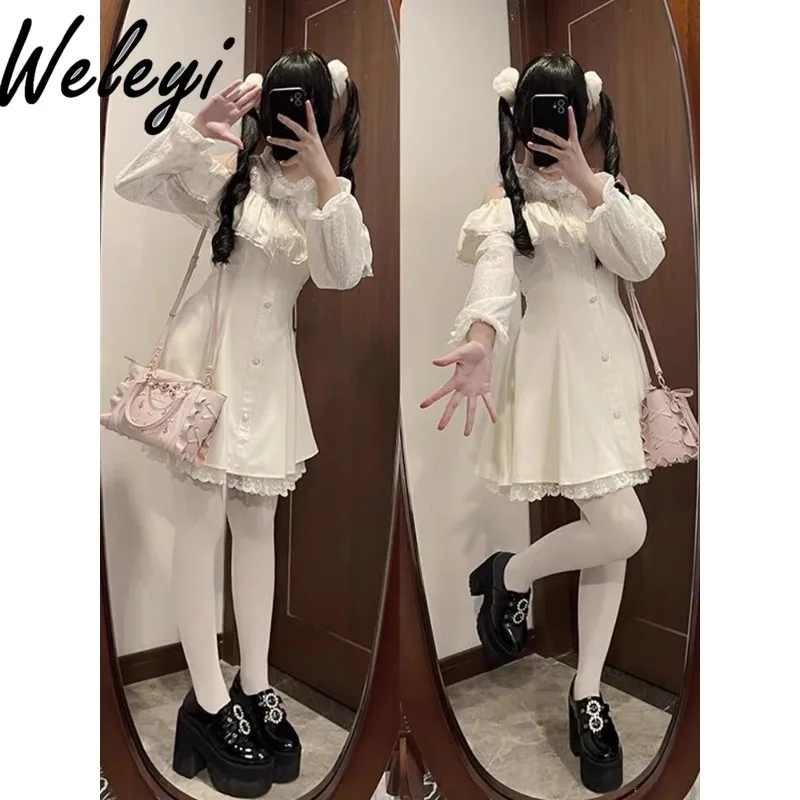 

Rojita Kawaii Mini Dresses Ropa De Mujer 2024 Mine Off The Shoulder Lace Splicing Ruffle Edge Small Fly Long Sleeve Slim Kleider