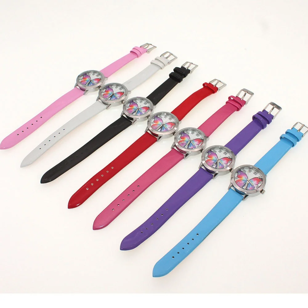 7Pcs Colorful Butterfly Girls Quartz Wristwatches Fashion Cartoon Leather Watch for Children Students