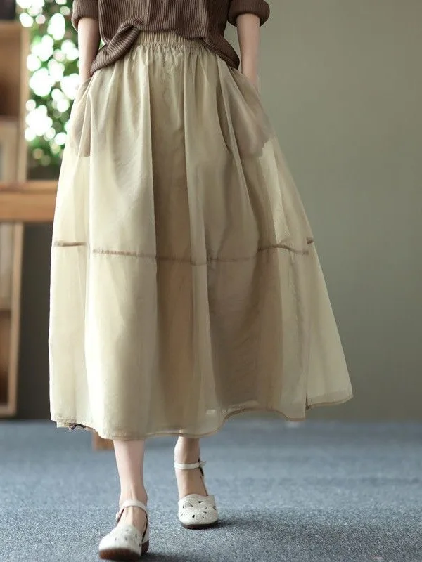 High Waist A-Line Skirt Elegant Organza Fashionable Elastic Waist Slimming Midi Skirt Ladies Summer 2026 Stitched Half Body S...