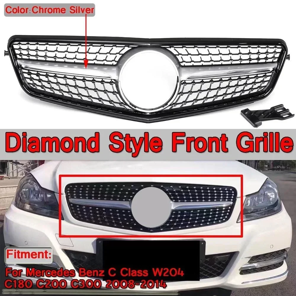 Chrome Diamond Style Car Front Bumper Grille Racing Grills For Mercedes Benz W204 C180 C200 C300 2008-2014 Car Accessories