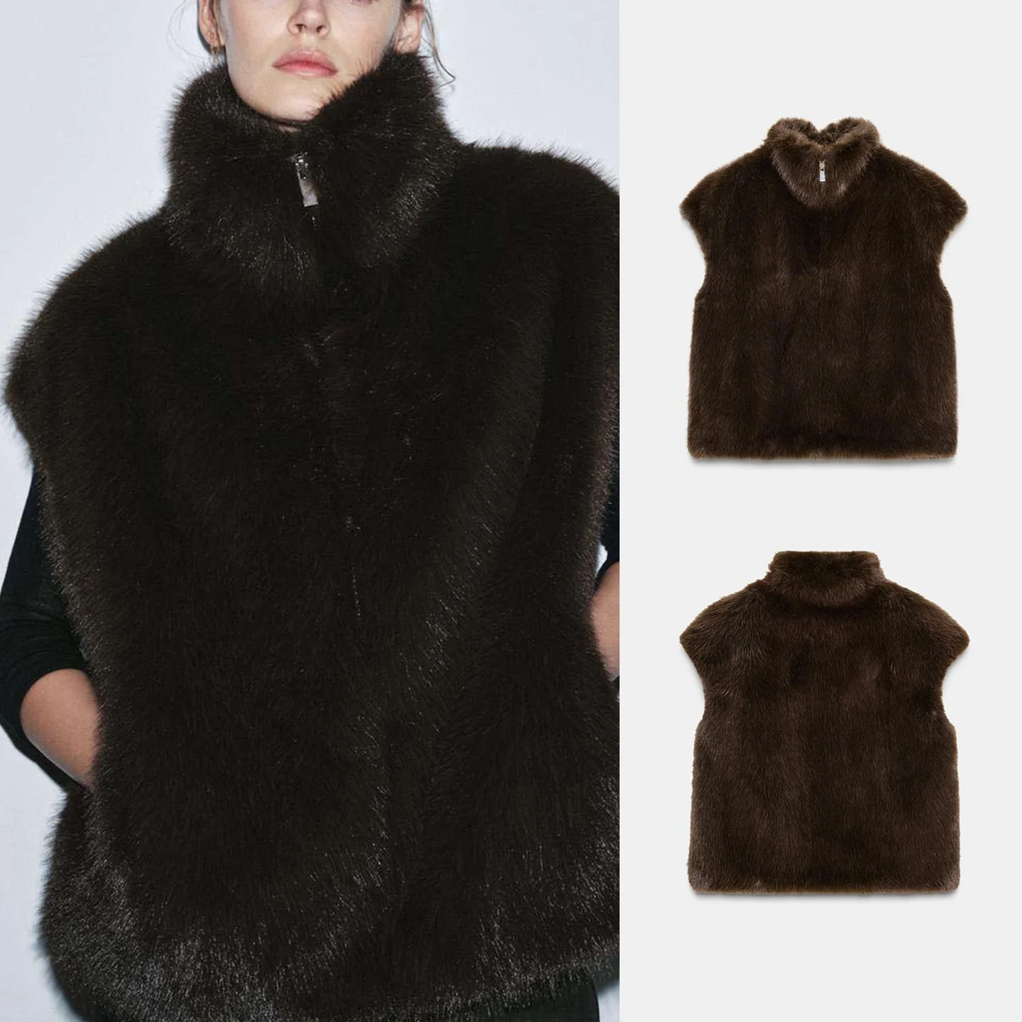 Fall Winter New Arrival Minimalist Style Metal Zipper Collarless Sleeveless Artificial Fur Vest Women's Fashion Commute Wind