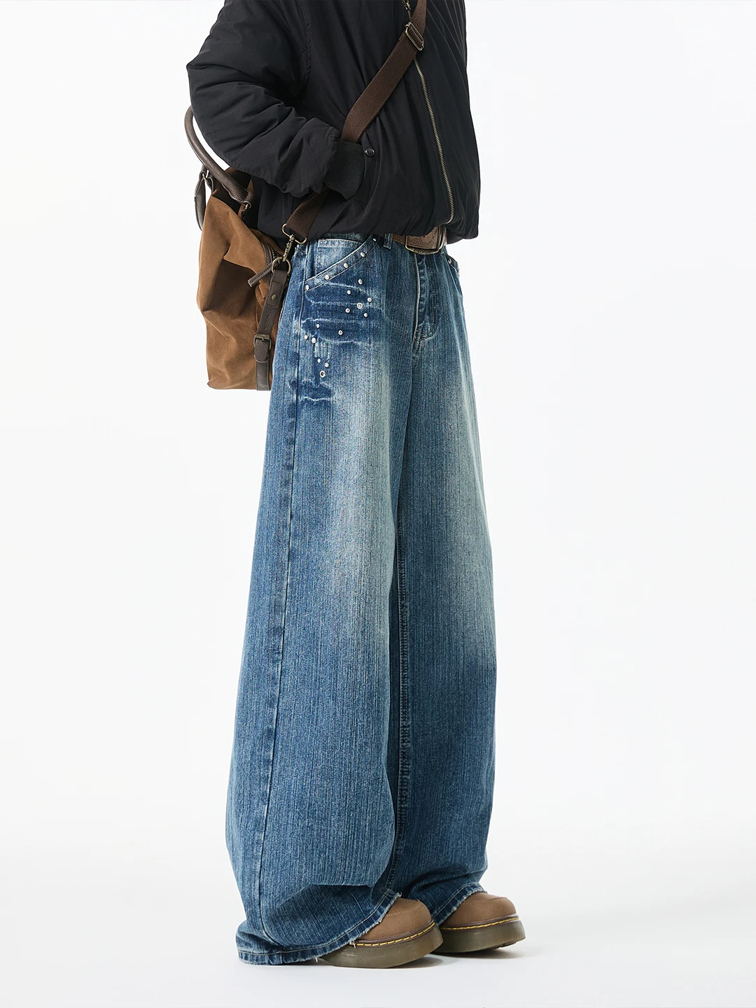 

Мужские джинсы прямого кроя в стиле ретро с американским принтом молнии и заклепками, осенние, модные, брендовые, широкие брюки Cleanfit