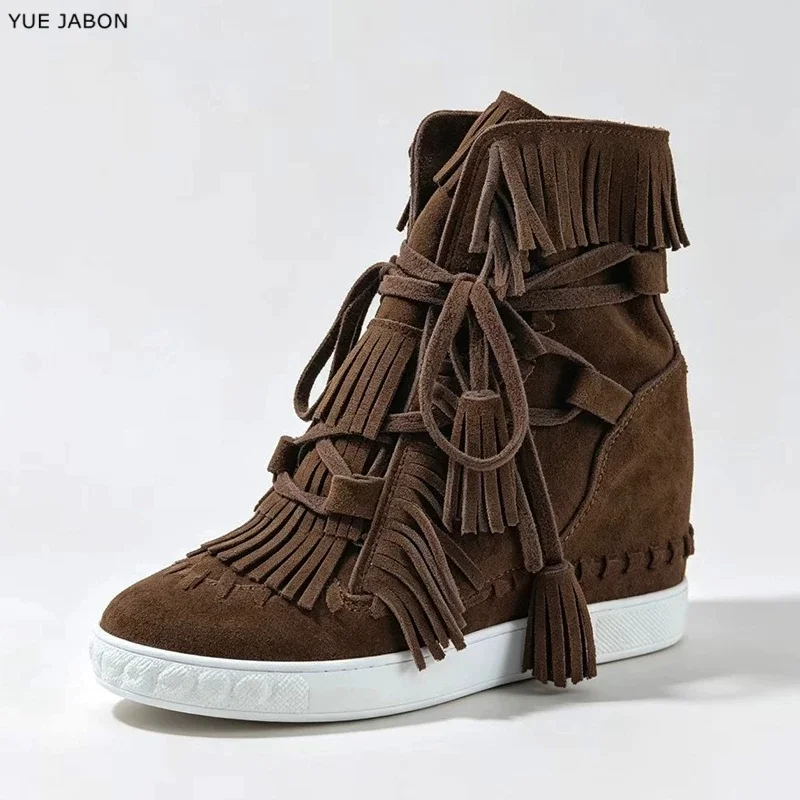 Genuine leather Women High Top Casual Shoes Tassel Cow Suede Ankle Boots Ladies Height increasing Fringed Tongue Bandage Sneaker