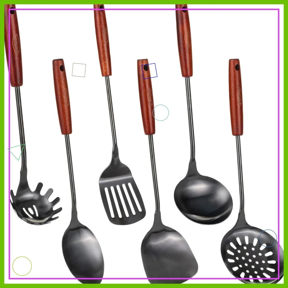 Juego de 6 utensilios de cocina de acero inoxidable con espátula para wok, cucharón, espumadera, espátula ranurada y cuchara para espaguetis