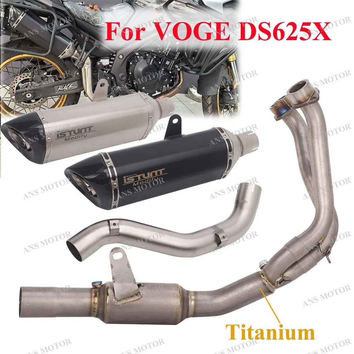 

Полная система выхлопной системы для мотоцикла VOGE DS625X всех годов выпуска: глушитель Slip-On и титановая передняя соединительная труба.